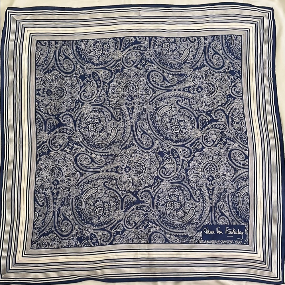 Diane Von Furstenberg Blue and White Paisley Scarf 26”x26”
